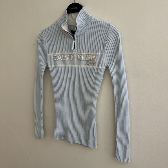 Y2K Calvin Klein 2000s Ribbed Quarter Zip Knit Logo Knit Sweater, Baby Blue- M - Picture 2 of 10